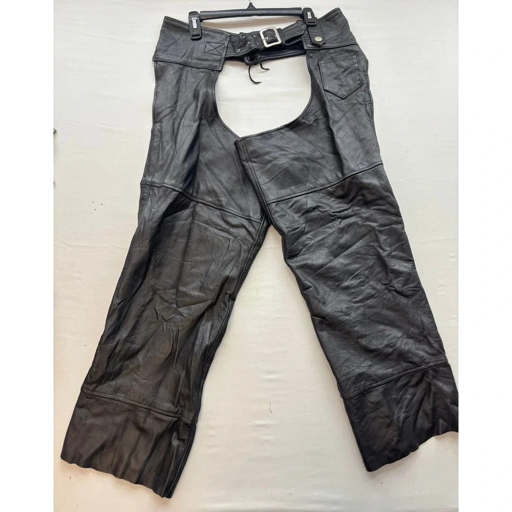 Diamond Plate Genuine Black Leather Motorcycle Chaps Mens Large Biker Gear